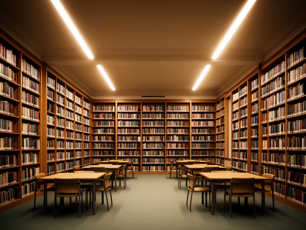 Wide view of a calm, ordered library reading room with high shelves of books, warm directed lighting from above and a sense of scholarly quiet
