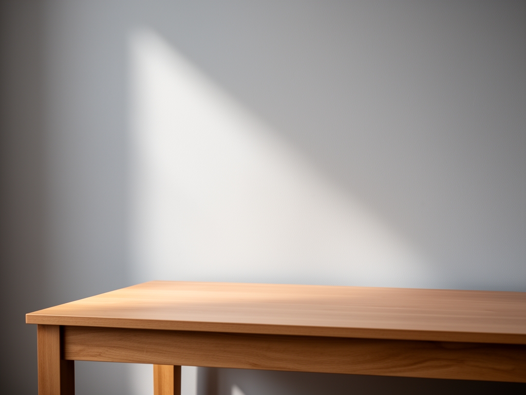 Soft diffused light falling across a plain light grey wall and the corner of a clean wooden writing desk, suggesting a quiet and ordered correspondence space