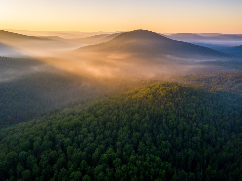 Wide aerial view of a calm forested mountain landscape at dawn with soft golden light filtering through low mist and deep green tree canopy