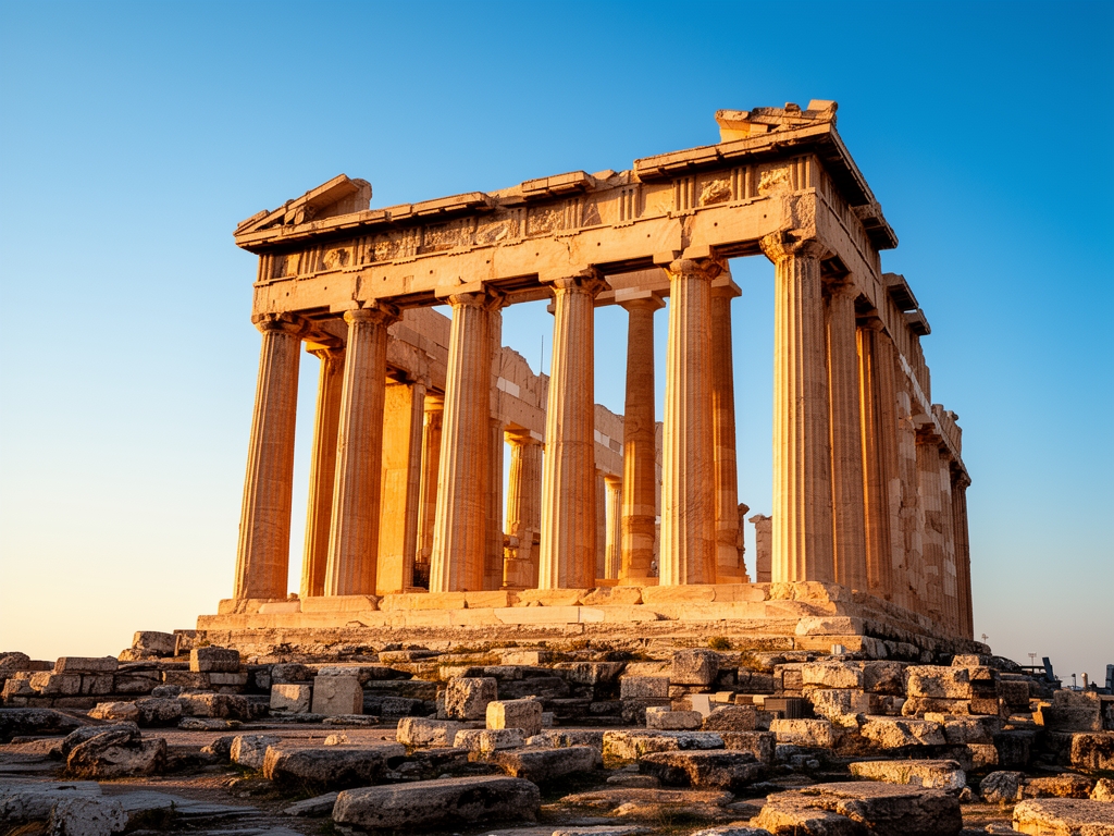 Ancient stone columns of a Greek or Roman temple partially in ruins under a warm afternoon sun with clear blue sky in the background