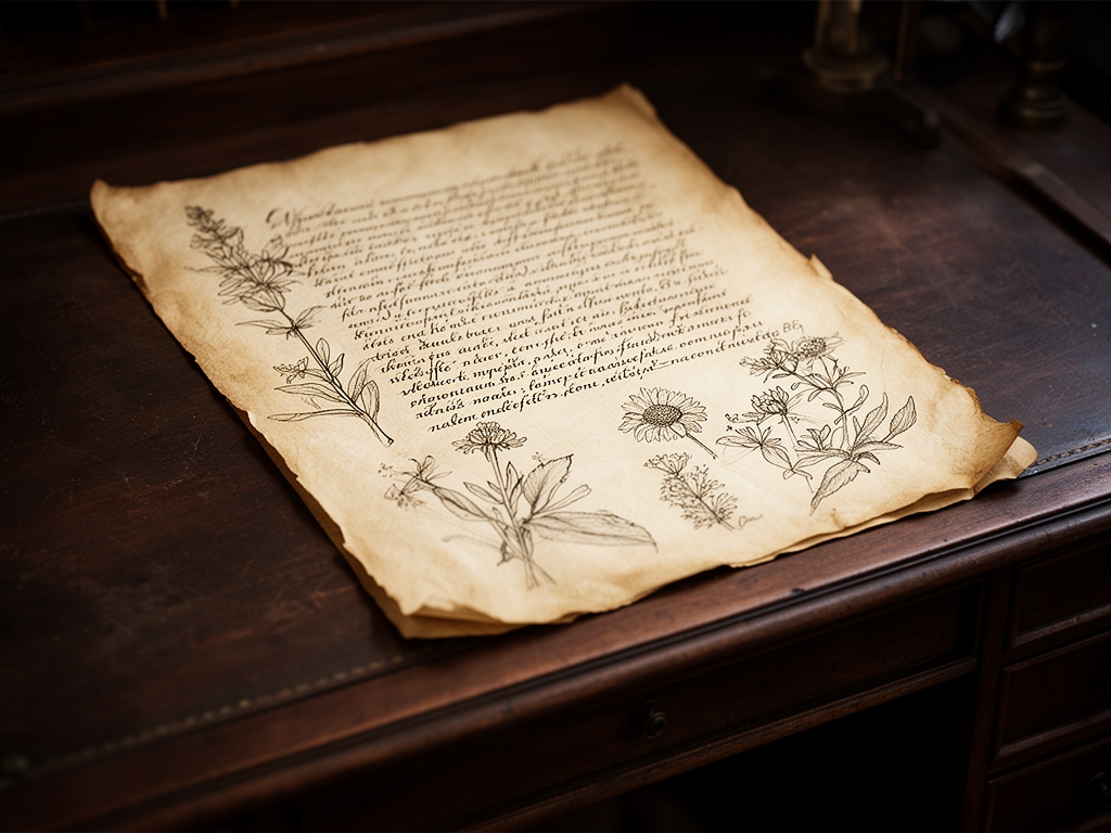 Aged parchment manuscript page with handwritten ink text and botanical illustrations resting on a dark antique wooden desk