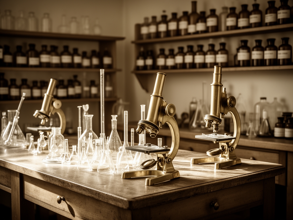 Vintage scientific laboratory interior with glass instruments, brass microscopes and wooden shelving filled with labelled specimen bottles in muted sepia tones