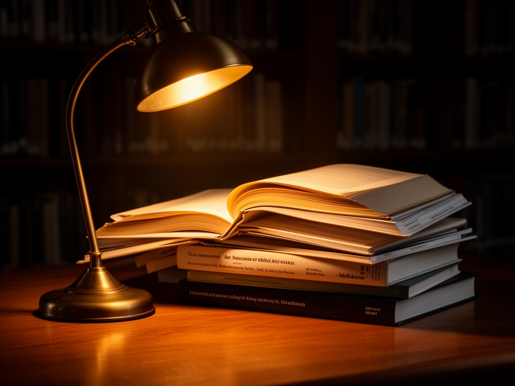 Stack of open academic books and journals on a wooden library table under a focused desk lamp with warm amber light and deep background shadows