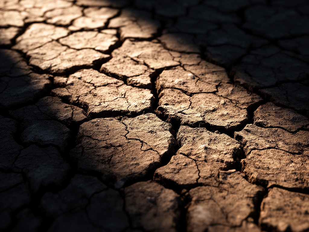 Abstract close-up of cracked dry earth with deep texture and dramatic side lighting, representing complexity and the reality beneath surface assumptions