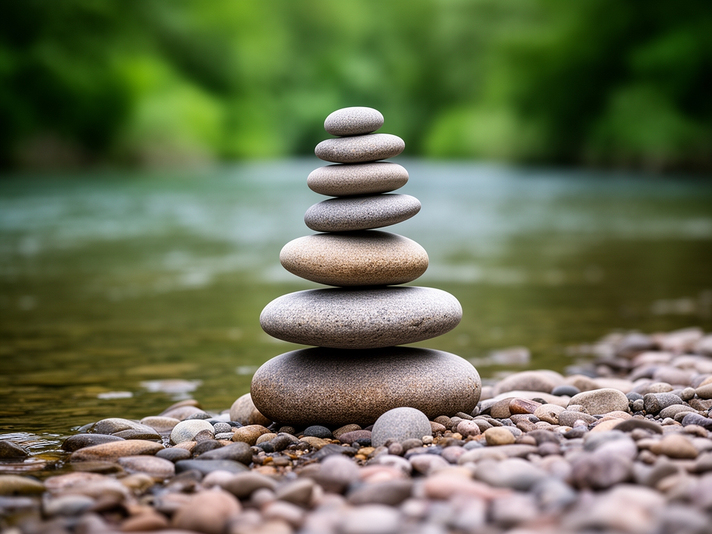 Smooth river stones stacked in a careful balance formation on a calm shallow river bank with soft blurred green background