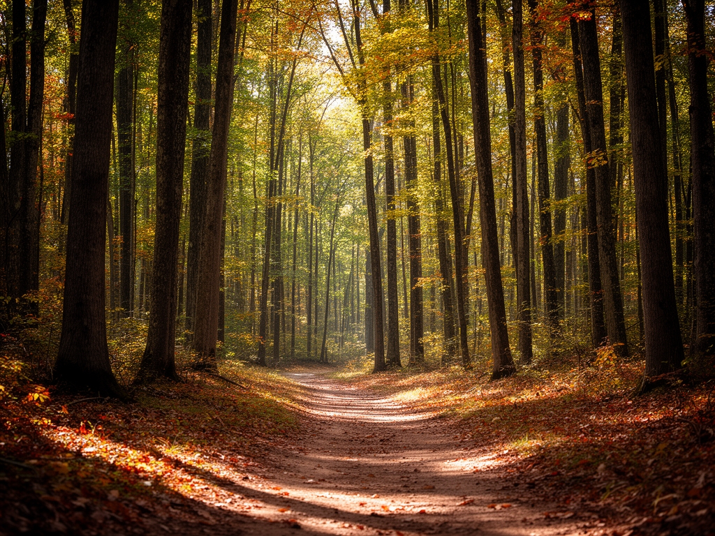Natural forest path with dappled sunlight filtering through tall deciduous trees onto a soft earth trail in autumn season