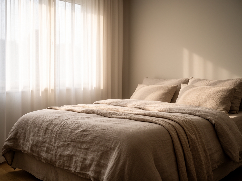 Peaceful bedroom interior with soft morning light coming through sheer curtains, a neatly made bed with neutral linen, and quiet atmosphere