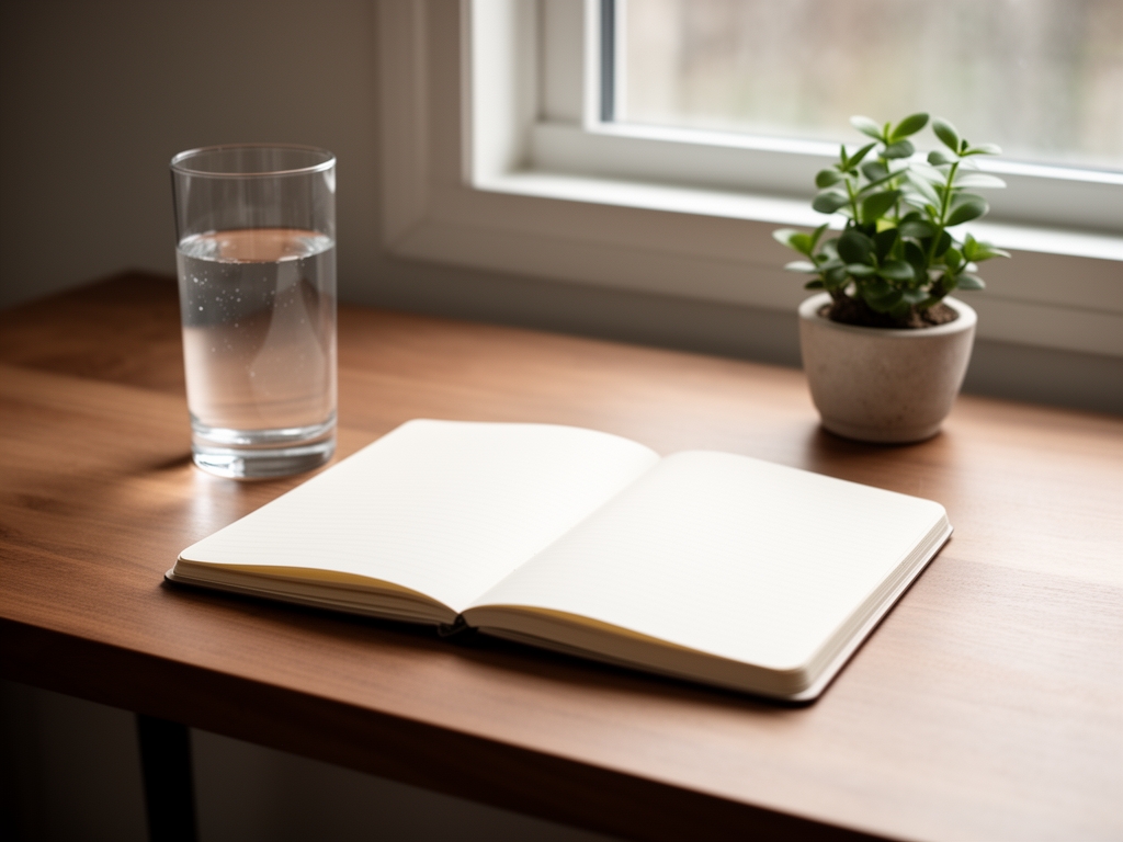 Minimalist morning scene on a wooden desk with a glass of water, open journal, and a small potted plant in soft natural window light
